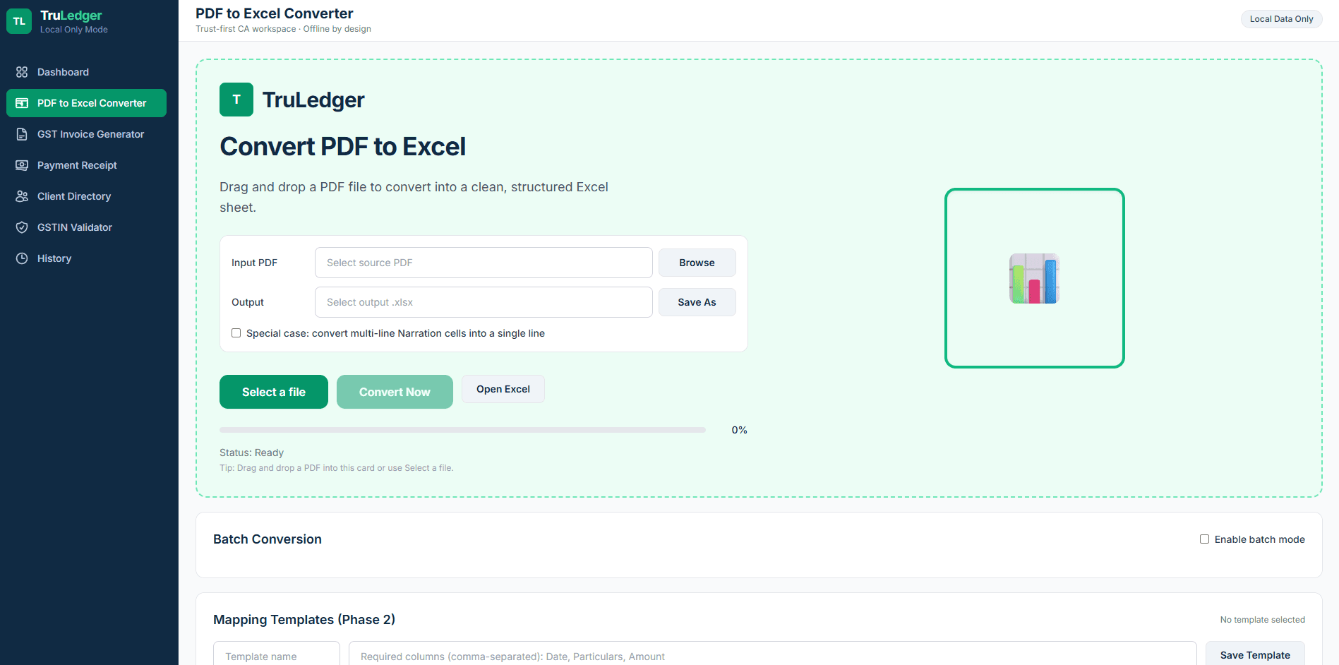 TruLedger desktop application showing bank statement PDF being converted to formatted Excel spreadsheet with columns for date, description, debit, credit, and balance